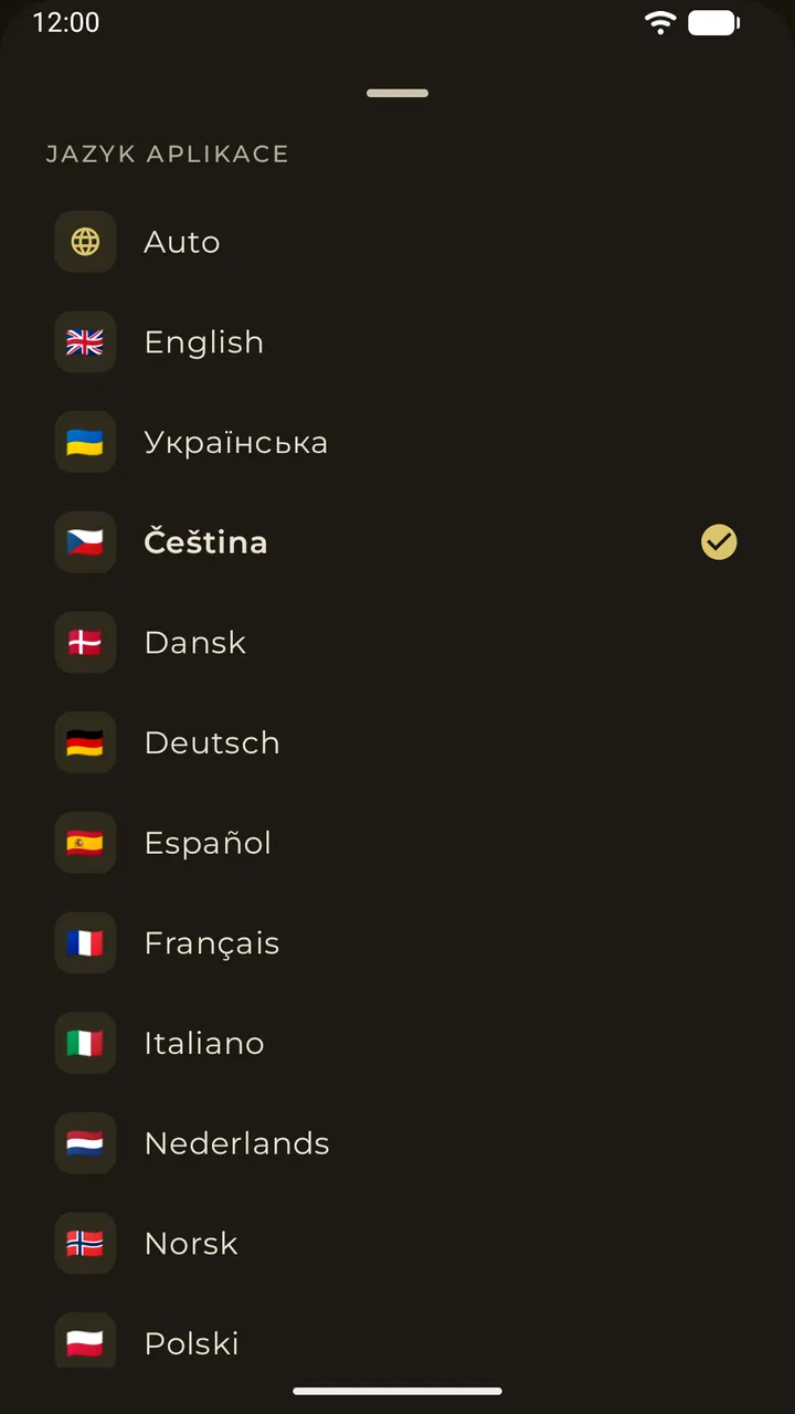 Výběr jazyka aplikace se šestnácti jazyky rozhraní