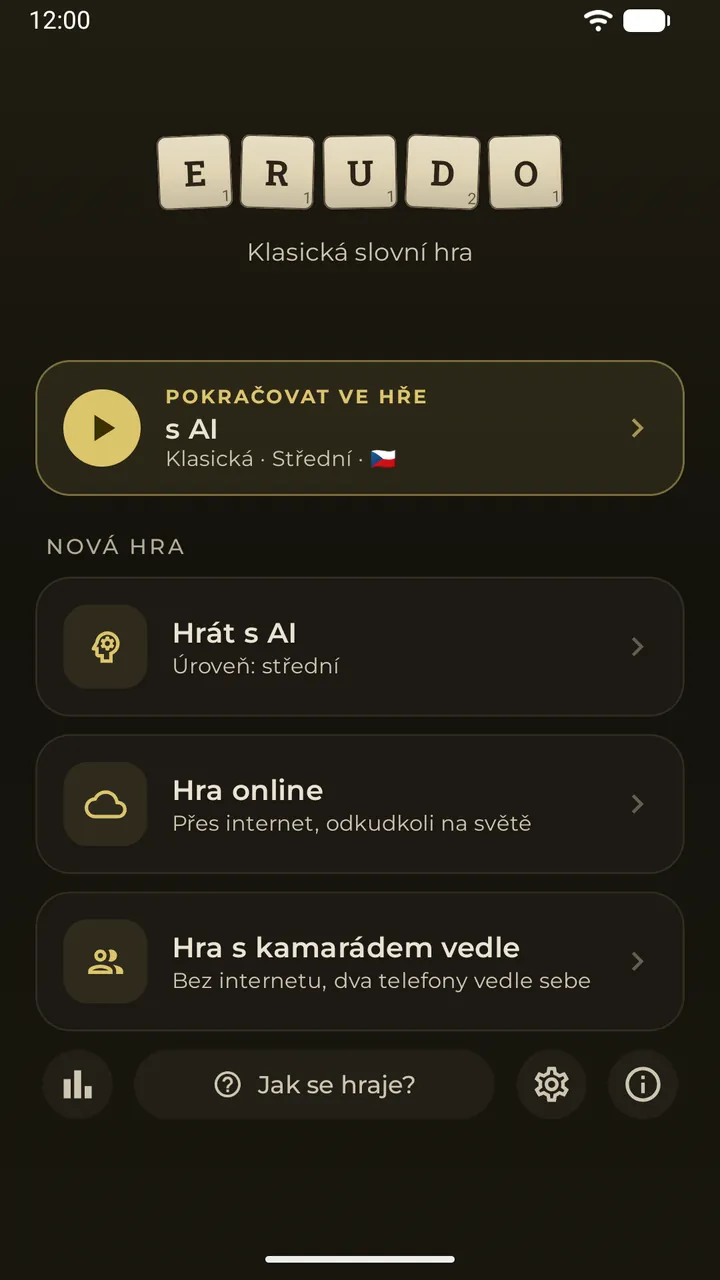 Hlavní menu s kartou „Pokračovat ve hře“ pro uloženou partii s AI a třemi způsoby hry: s AI, online, s kamarádem vedle