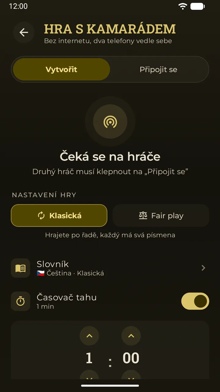 Lobby hry s kamarádem vedle v Erudo: čekání na hráče a nastavení hry – režim, slovník a časovač tahu