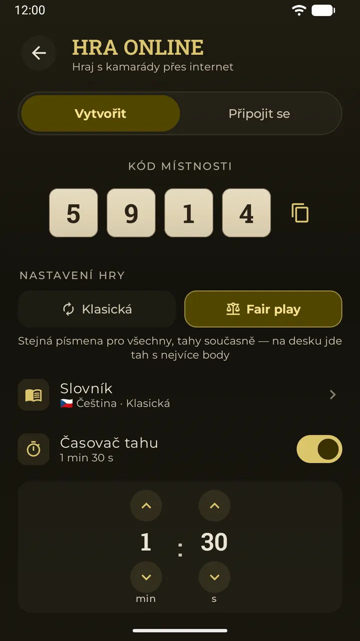 Online místnost v Erudo: 4místný kód místnosti z kamenů, zvolený režim „Fair play“ a časovač tahu