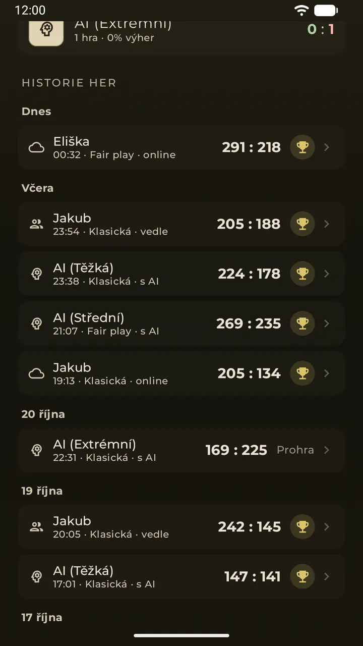 Vzájemné souboje a deník her po dnech