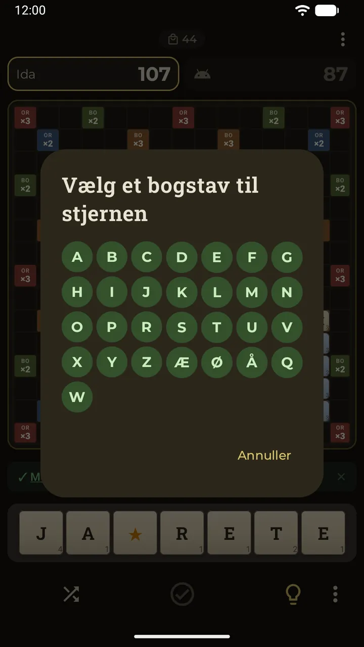 En stjernejoker lagt på brættet åbner alfabetet, så du kan vælge bogstavet, den står for