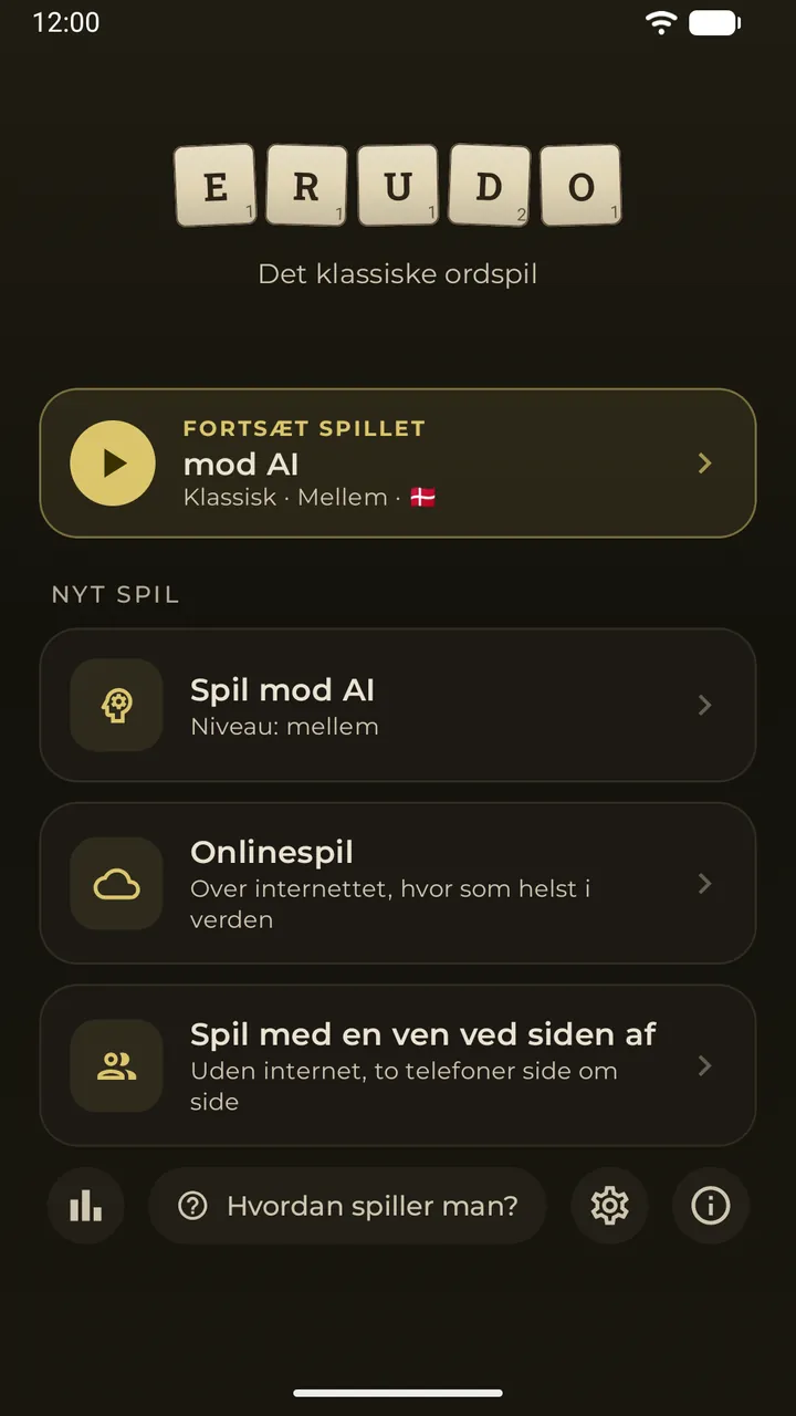 Hovedmenuen med kortet »Fortsæt spillet« for et gemt spil mod AI og de tre måder at spille på: mod AI, online, ved siden af