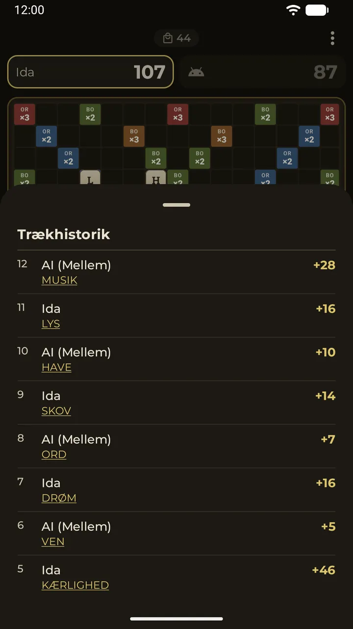Trækhistorikken: hvert lagt ord med sine point