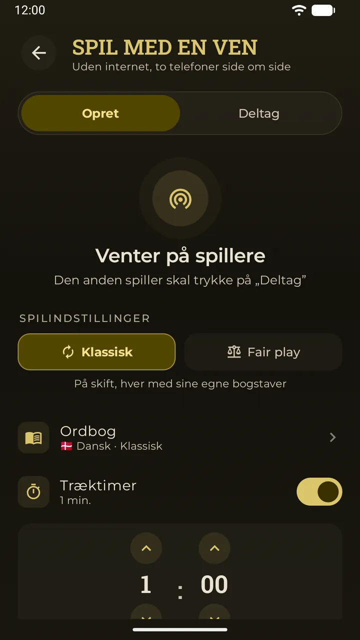 Lobbyen til spil ved siden af i Erudo: venter på spillere, med spillets indstillinger – tilstand, ordbog og træktimer