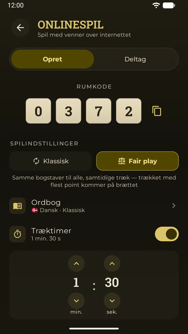 Online-lobbyen i Erudo: en 4-cifret rumkode vist som brikker, Fair play valgt og en træktimer
