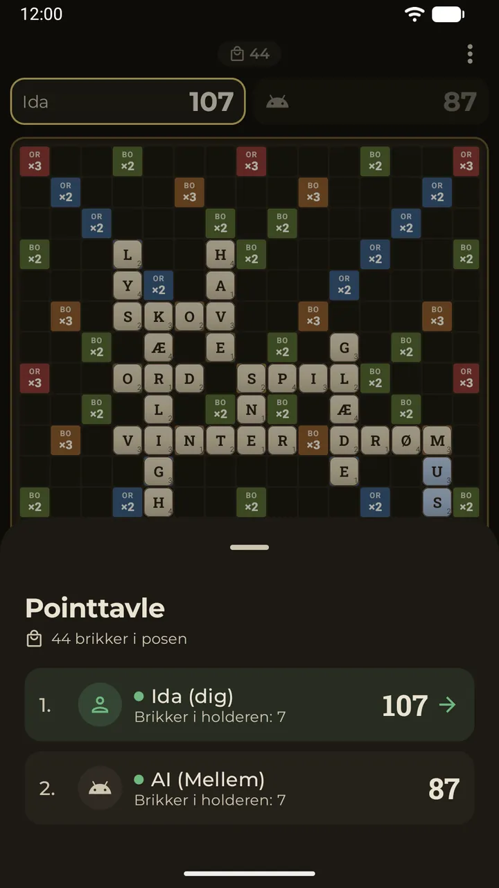 Pointtavlen under et spil