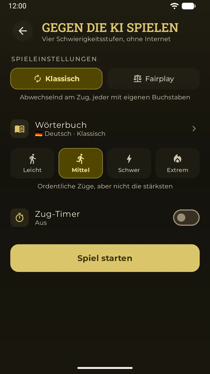 Die KI-Lobby mit den Modi Klassisch und Fairplay, dem Wörterbuch und vier Schwierigkeitsstufen
