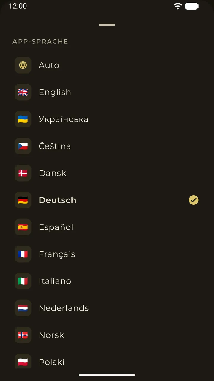 Die Auswahl der App-Sprache mit sechzehn Oberflächensprachen