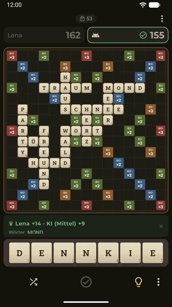 Eine Fairplay-Runde in Erudo: Beide Spieler haben die gleichen Buchstaben, das Rundenergebnis zeigt, wer die Runde mit wie vielen Punkten gewonnen hat, die KI hat schon abgegeben