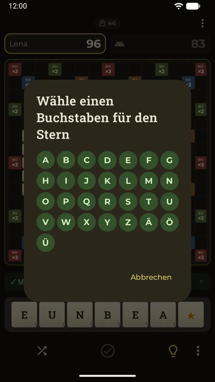 Ein Stern-Joker auf dem Brett öffnet das Alphabet, um seinen Buchstaben zu wählen