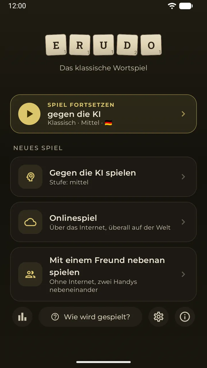 Das Hauptmenü mit der Karte „Spiel fortsetzen“ für eine gespeicherte KI-Partie und den drei Spielarten: gegen die KI, online, nebenan