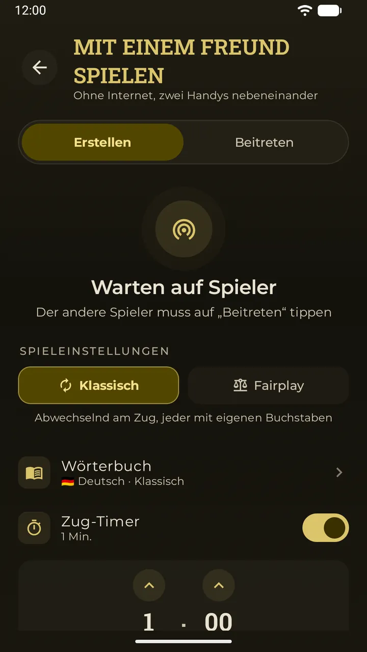 Die Lobby für Spiele nebenan in Erudo: Warten auf Mitspieler, mit den Spieleinstellungen – Modus, Wörterbuch und Zugtimer
