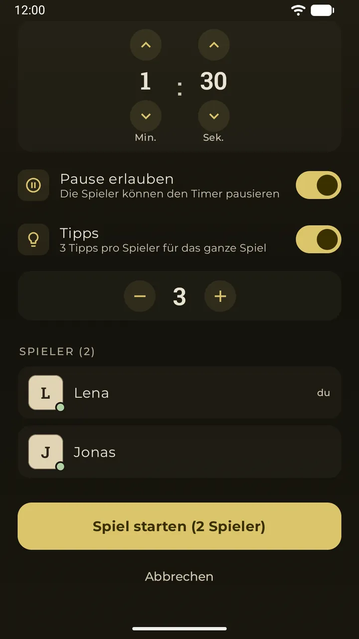 Dieselbe Online-Lobby mit zwei beigetretenen Spielern und dem Knopf „Spiel starten (2 Spieler)“
