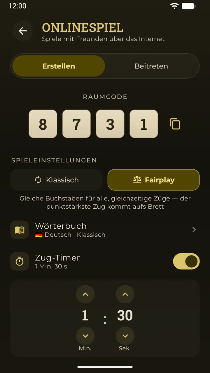 Die Online-Lobby in Erudo: ein 4-stelliger Raumcode aus Spielsteinen, Fairplay ausgewählt und ein Zugtimer