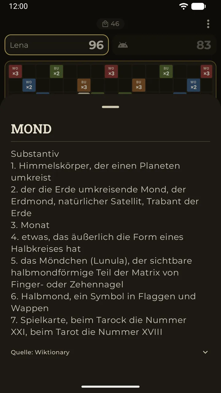 Wer ein Wort auf dem Brett antippt, sieht seine Definition aus dem Wörterbuch