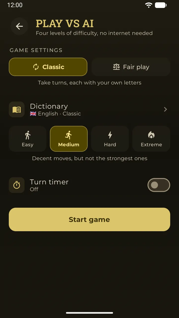 The AI lobby in Erudo: game mode, dictionary, four difficulty levels and a turn timer