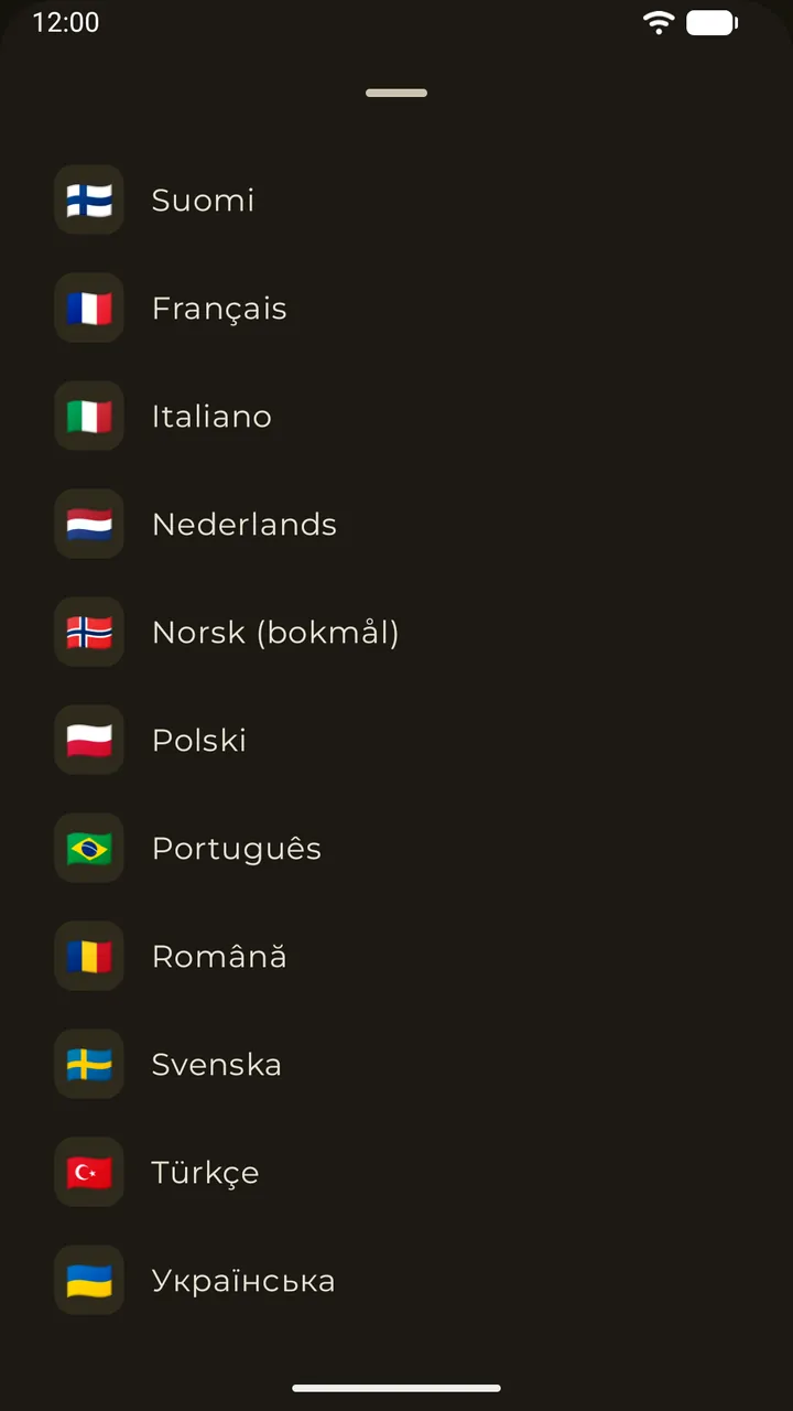 The dictionary picker in Erudo: sixteen downloadable dictionary languages with flags