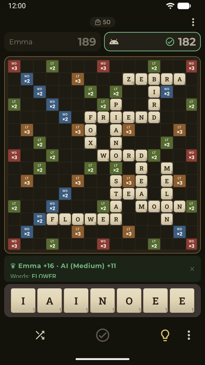 A Fair play round in Erudo: both players have the same letters, the round result shows who won the round and by how many points, the AI has already submitted