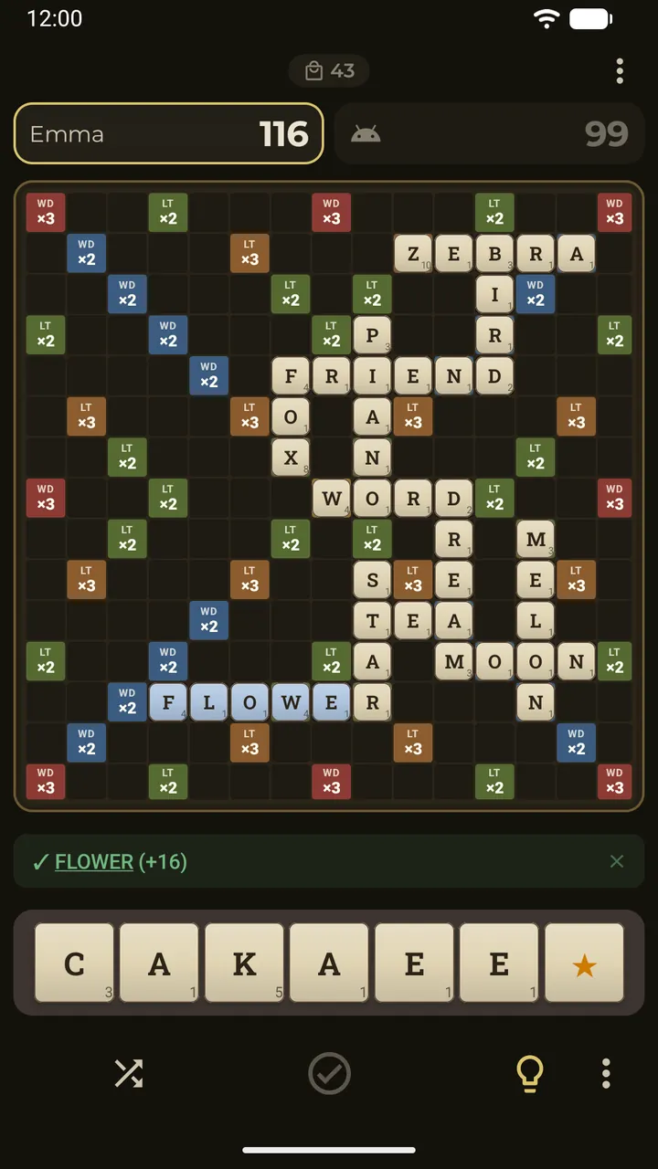 Erudo on a phone: a 15×15 word board mid-game with the words placed so far, the scores of both players and a rack of seven letter tiles with a star joker