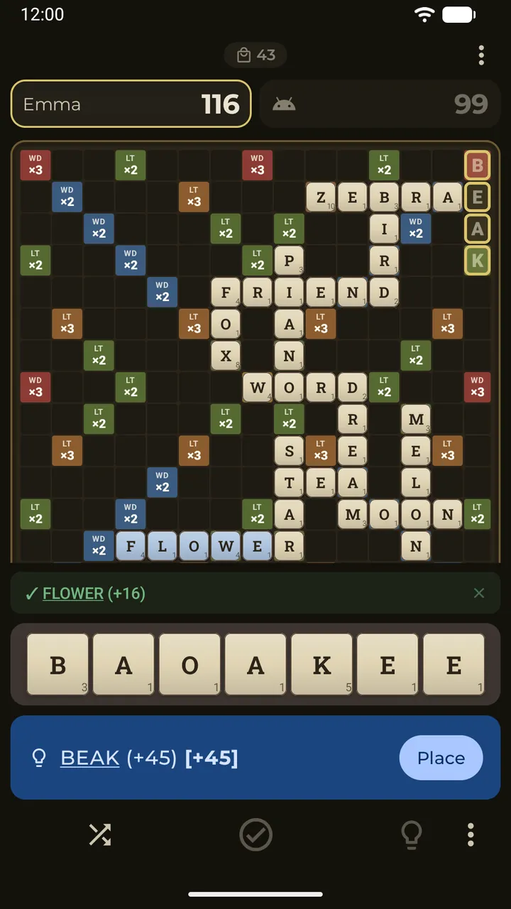 A hint revealed on the board: a gold ring and stencil letters show the best word, with a Place button