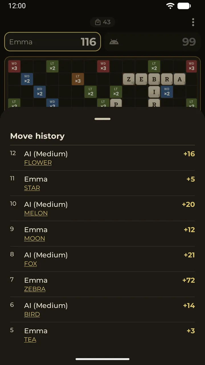 The move history sheet: every word played with its points