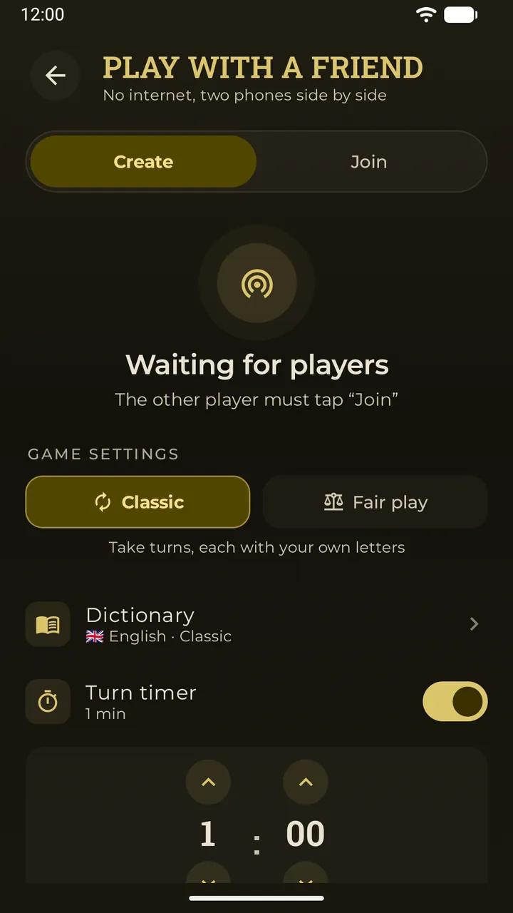 The Nearby lobby in Erudo: waiting for players, with the game settings — mode, dictionary and turn timer