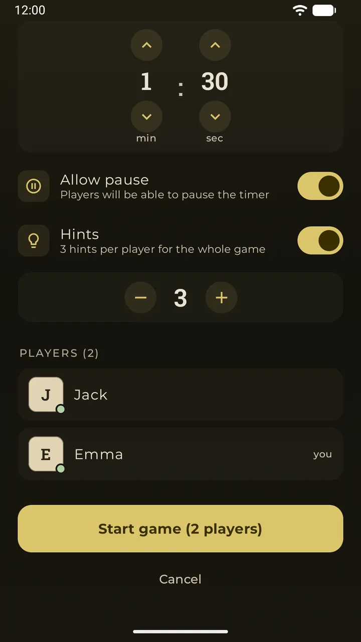 The same online lobby with two players joined and a “Start game (2 players)” button