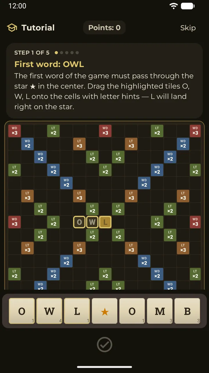 The interactive tutorial guiding the first move on the board