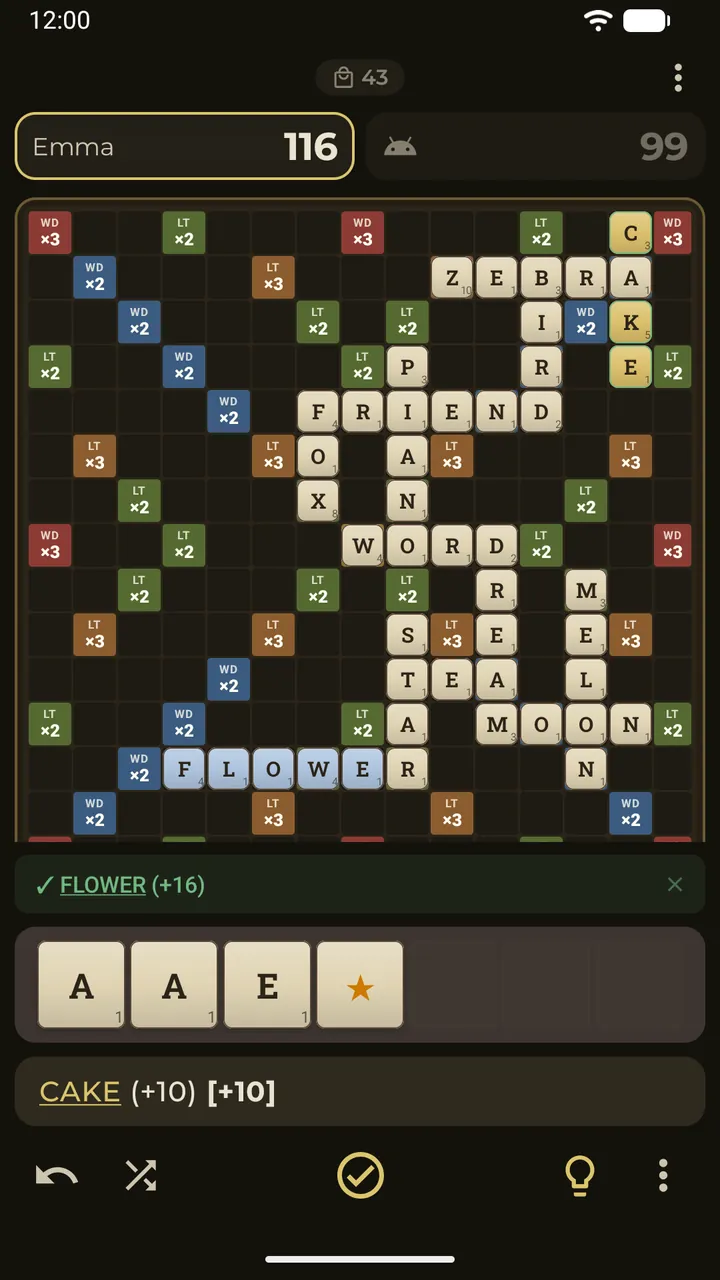 A word placed from the rack locks automatically and shows its points above the rack