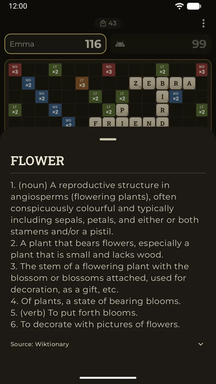 Tapping a word on the board opens its dictionary definition in a sheet