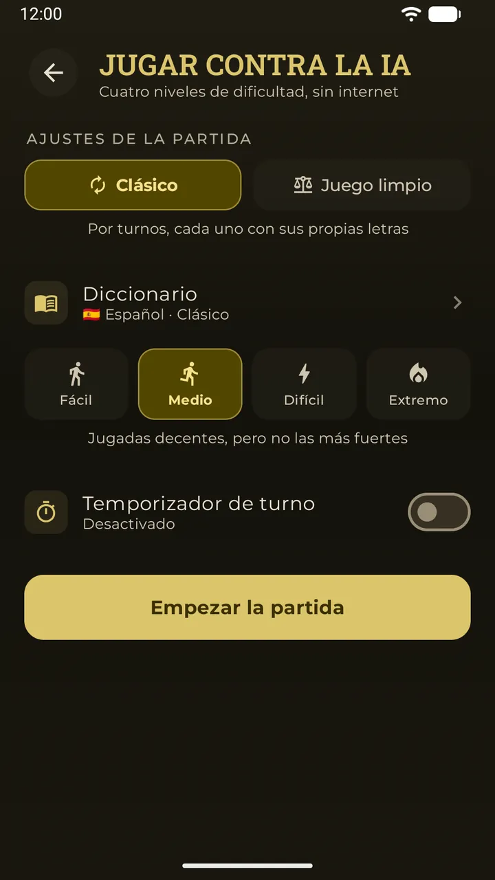 La sala de juego contra la IA con los modos Clásico y Juego limpio, el diccionario y cuatro niveles de dificultad