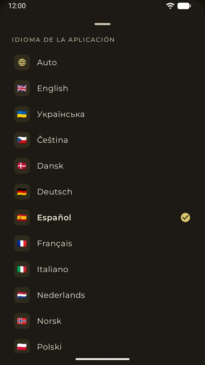 El selector de idioma de la app con dieciséis idiomas de interfaz