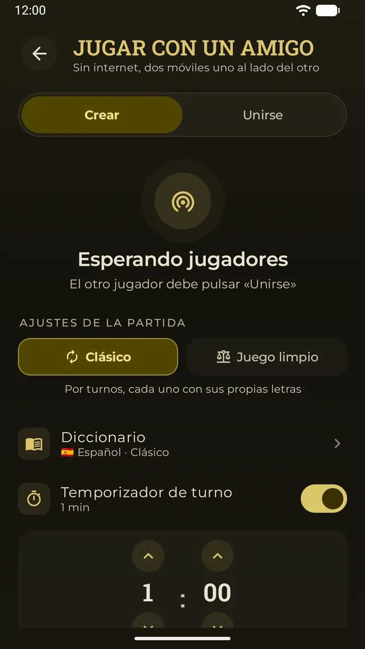 La sala «Con un amigo al lado» en Erudo: esperando jugadores, con los ajustes de la partida (modo, diccionario y temporizador de turno)