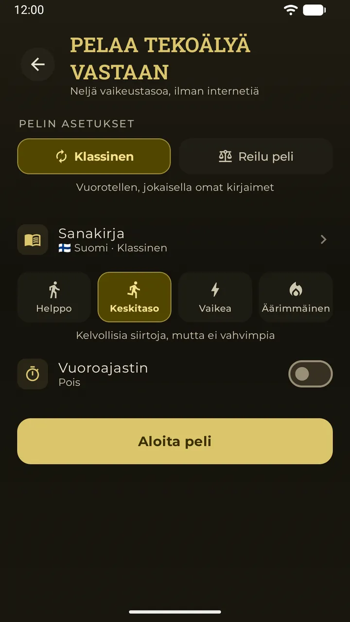 Tekoälypelin aula, jossa ovat tilat Klassinen ja Reilu peli, sanakirja ja neljä vaikeustasoa