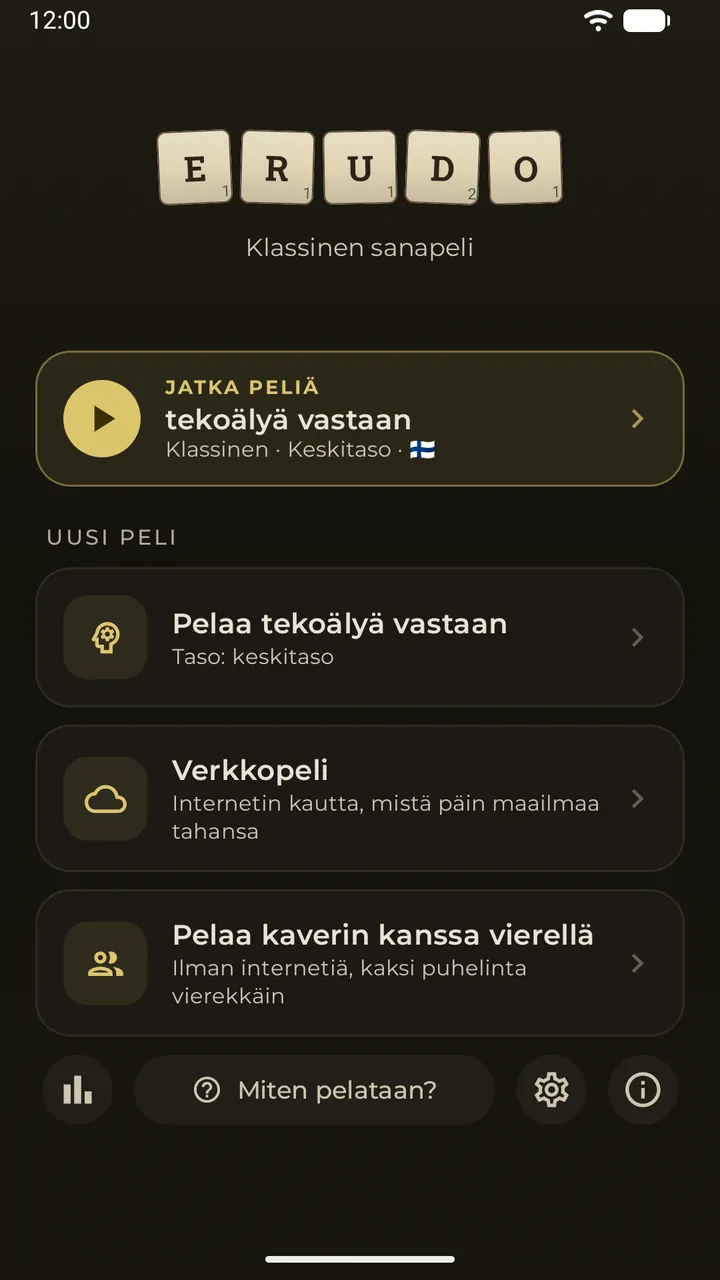 Päävalikko, jossa on Jatka-kortti tallennetulle tekoälypelille ja kolme pelitapaa: tekoälyä vastaan, verkkopeli, kaverin kanssa vierellä