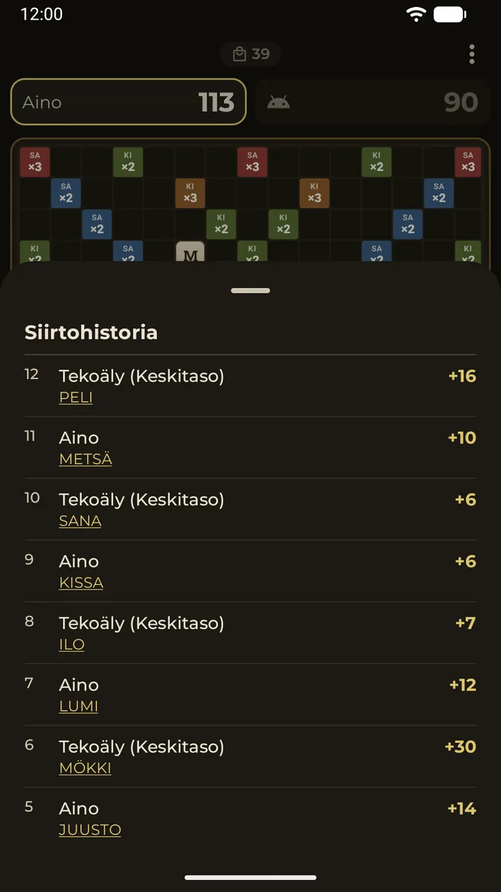 Siirtohistoria: jokainen pelattu sana pisteineen