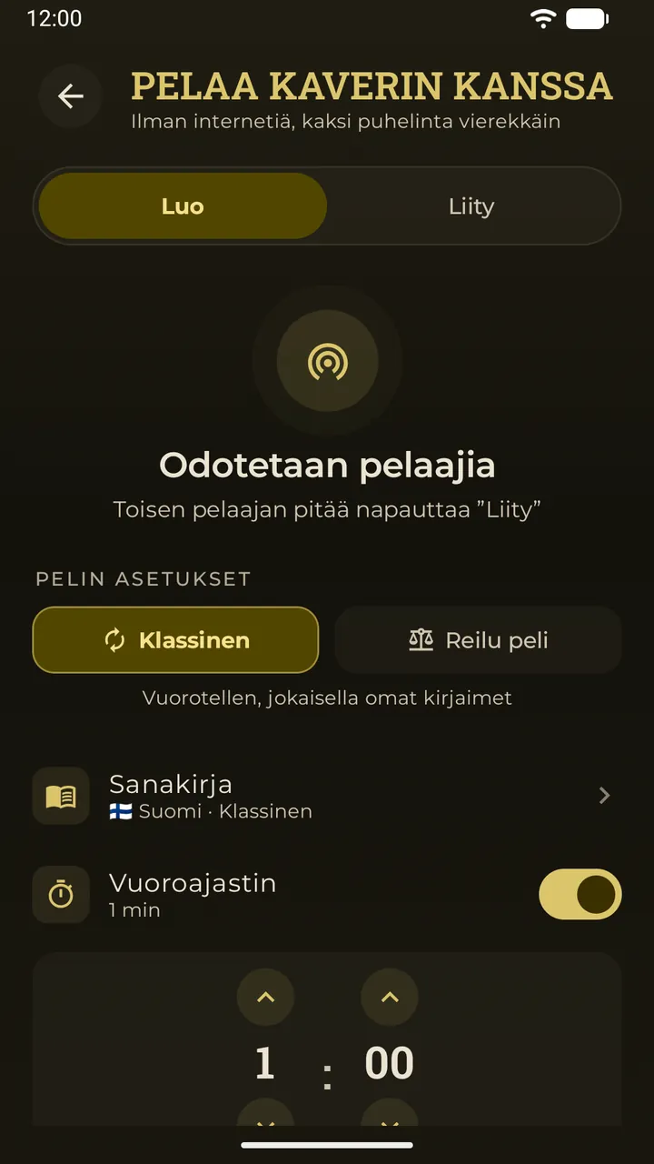 Lähipelin aula Erudo-sovelluksessa: pelaajien odotus ja pelin asetukset – tila, sanakirja ja vuoroajastin