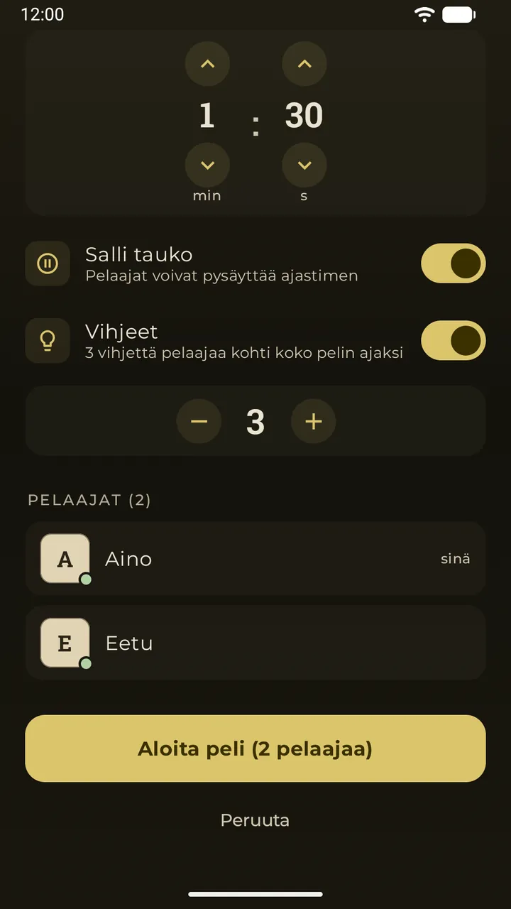 Sama verkkopelin aula, johon on liittynyt kaksi pelaajaa, ja painike ”Aloita peli (2 pelaajaa)”