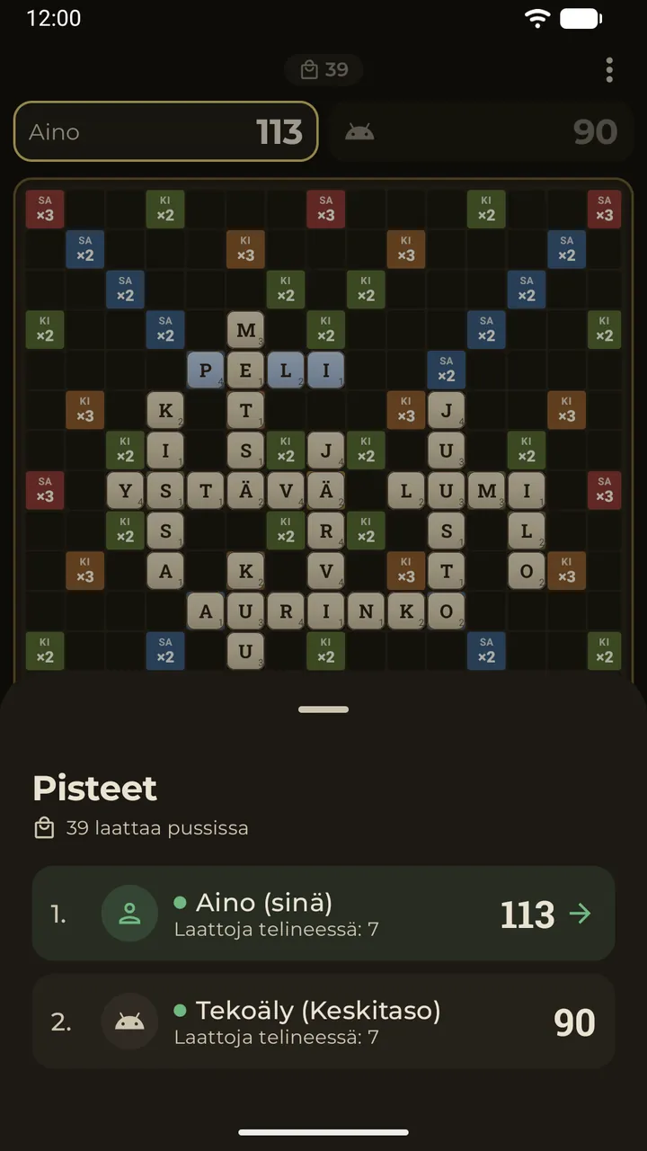 Pistetaulu pelin aikana