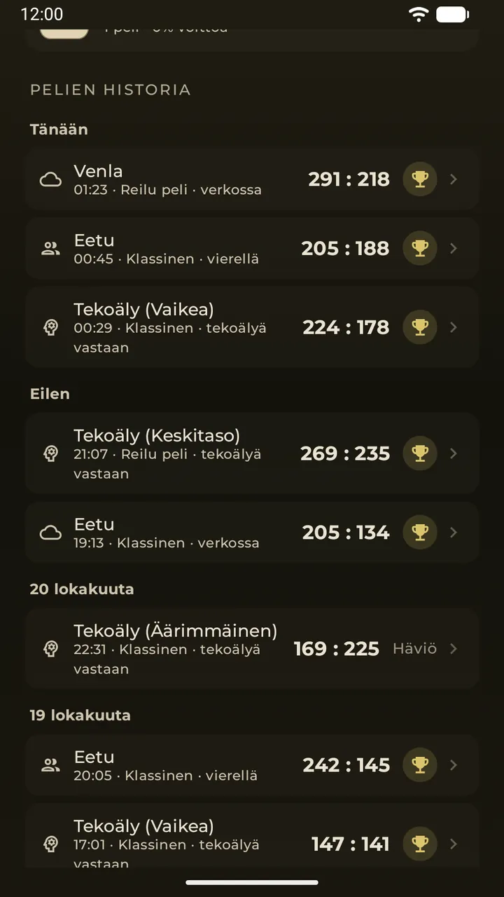 Keskinäiset kohtaamiset ja päiväkohtainen pelihistoria