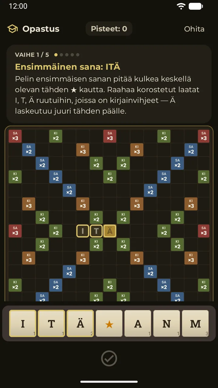 Interaktiivinen opastus, joka ohjaa ensimmäisen siirron laudalla