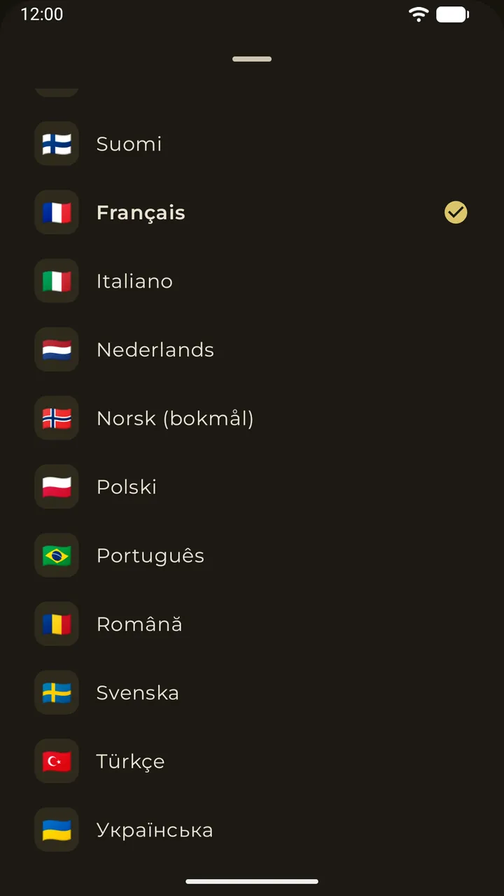 Le choix du dictionnaire dans Erudo : seize langues de dictionnaire à télécharger, avec leurs drapeaux