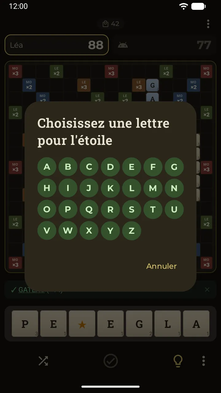 Un joker étoile posé sur le plateau ouvre l’alphabet pour choisir la lettre qu’il remplace