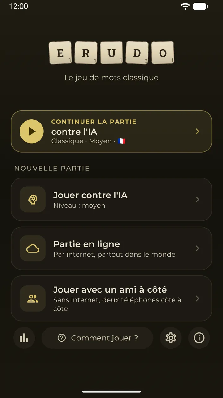 Le menu principal avec une carte Continuer pour une partie sauvegardée contre l’IA et les trois façons de jouer : contre l’IA, en ligne, à côté