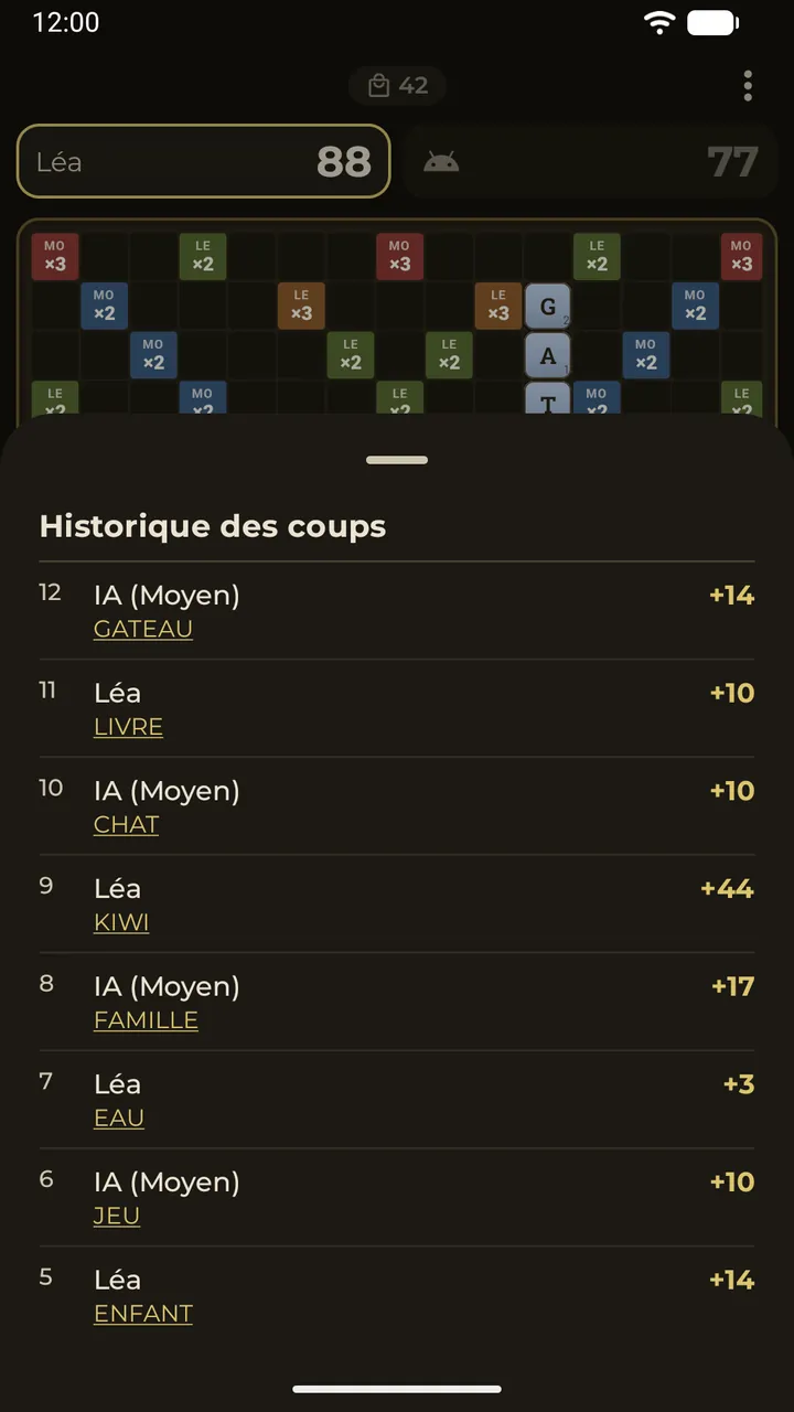Le volet de l’historique des coups : chaque mot joué avec ses points