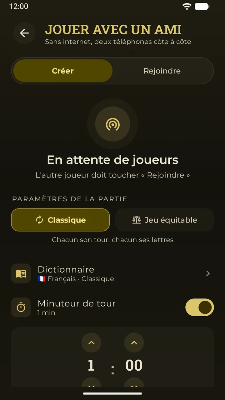 Le salon « Avec un ami à côté » dans Erudo : en attente des joueurs, avec les réglages de la partie — mode, dictionnaire et minuteur par coup