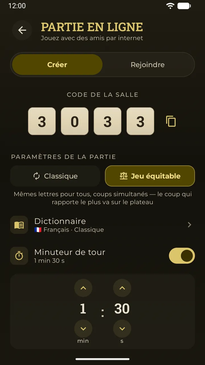 Le salon en ligne dans Erudo : un code de salle à 4 chiffres affiché en jetons, « Tirages identiques » sélectionné et un minuteur par coup
