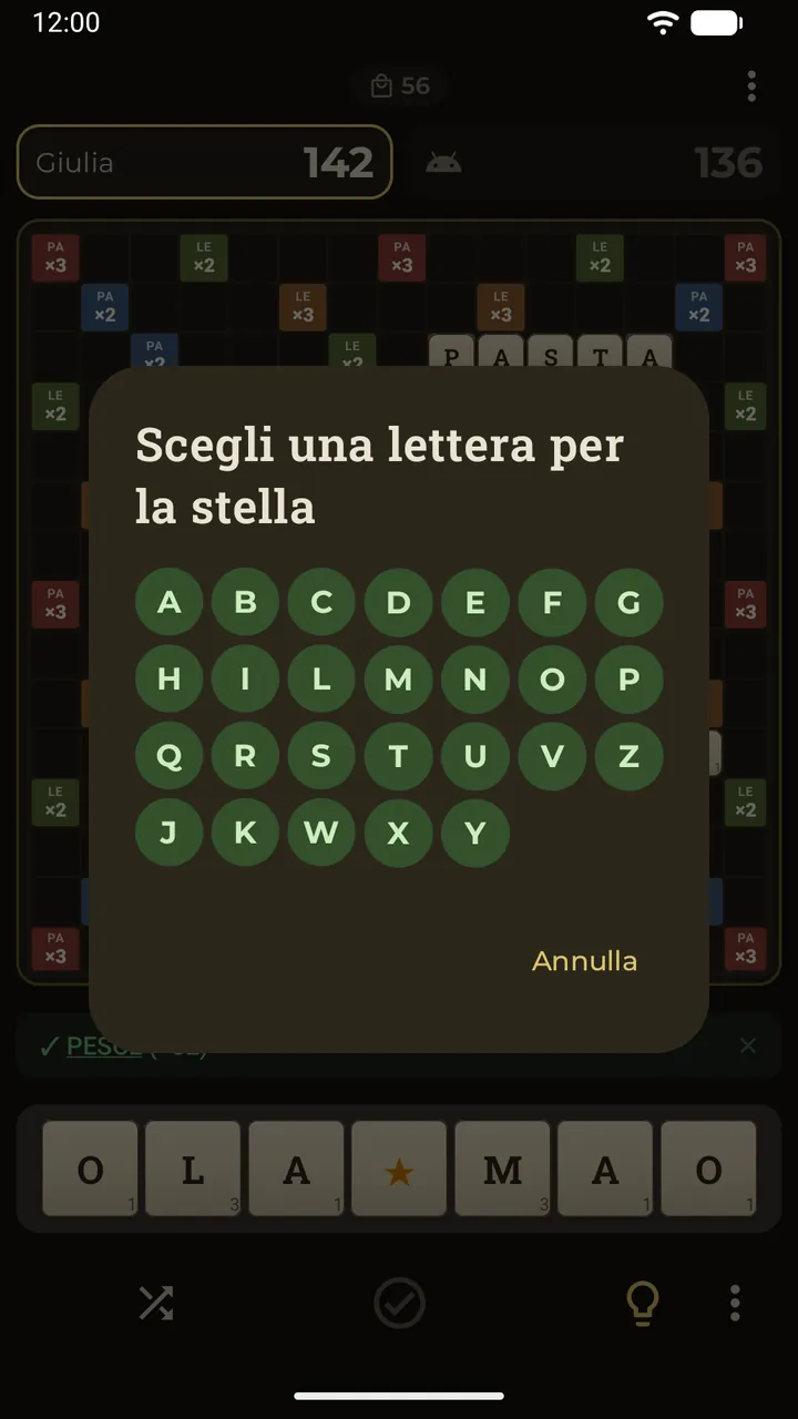 Una stella jolly posata sul tabellone apre l’alfabeto per scegliere la lettera che rappresenta