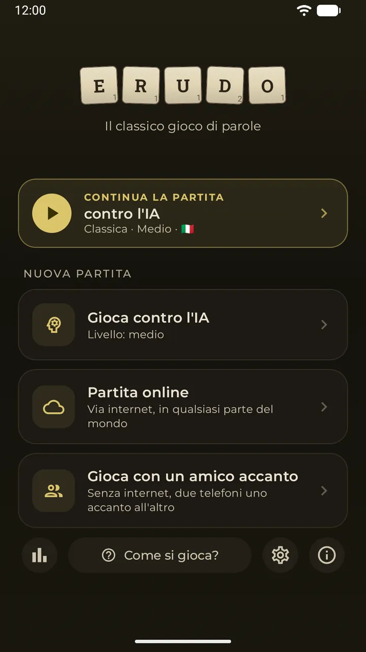 Il menu principale con la scheda «Continua» di una partita salvata contro l’IA e i tre modi di giocare: contro l’IA, online, con un amico accanto